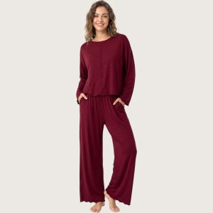 Strips Ladies Pajama Set Lycra Material - Burgundy