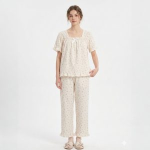Floral Dots Bow Ladies Pajama Set - Cream