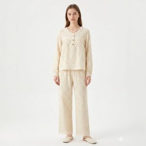Floral Dots 3 Button Ladies Pajama Set - Dark Cream