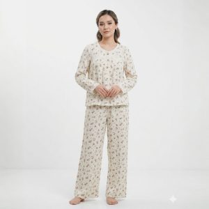 Floral Dots 3 Button Ladies Pajama Set - Cream