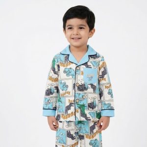 Dino World Boys Cotton Front Open Pajama Set - Blue