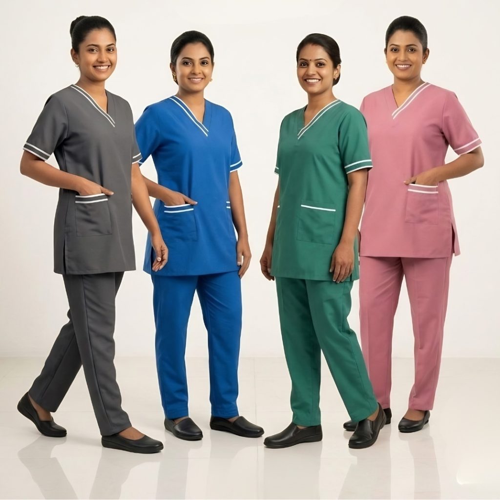 Double Strip Uniforms Maid Kreb Punjabi يونيفورم كريب - Green, Pink, Grey, Blue
