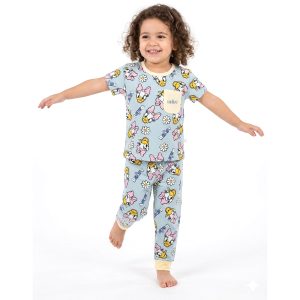 Daisy Flowers Bow Girls Half Sleeves Pajama Set - Blue