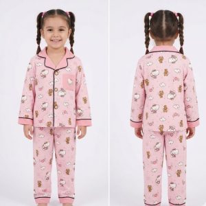 Kitty Bow Girl cotton front open Pjama set - Pink