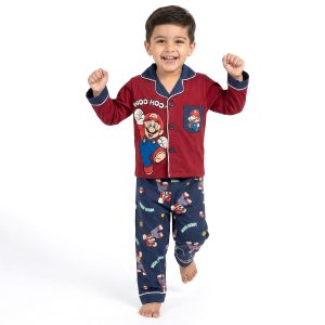 Mario Boys Cotton Front Open Pajama Set - Red Blue