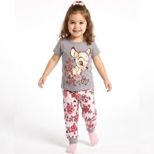 Bambi Floral Girls Half Sleeves Pajama Set - Grey Pink