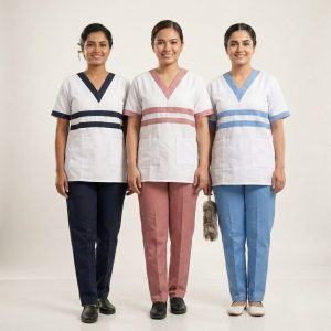 Double Strips Uniforms Maid Kreb Qasir يونيفورم كريب - Pink, Sky Blue, Blue