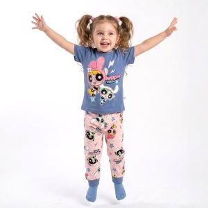 Powerpuff Girl Girls Half Sleeves Pajama Set - Blue Pink