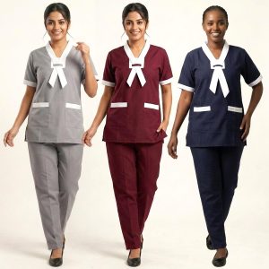 Bow Collar Uniforms Maid Kreb Qasir يونيفورم كريب - Maroon Navy Grey