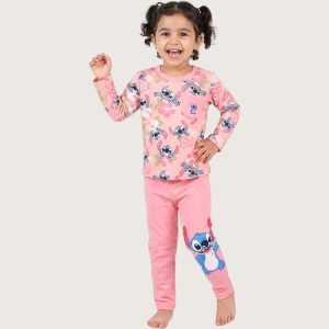 Flowers Stitch Girls Full Sleeves Pajama Set Khafif - Pink
