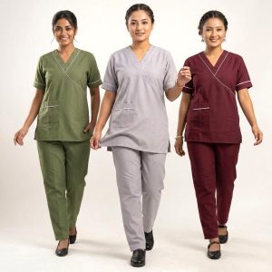 Slim Pocket Uniforms Maid Kreb Qasir يونيفورم كريب - Maroon Green Grey