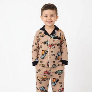 Trucker Boys Cotton Front Open Pajama Set - Brown