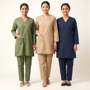 V-Neck Uniforms Maid Kreb Punjabi يونيفورم كريب - Beige, Green, Blue