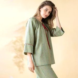 Strips Round Neck Ladies Pajama Set - Green