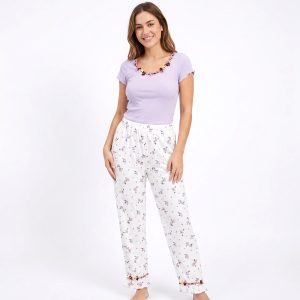 Floral Round Neck Ladies Pajama Set - Purple