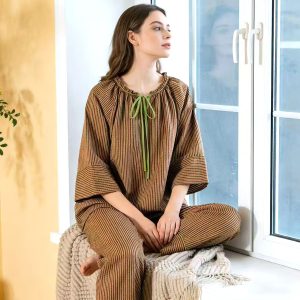 Strips Round Neck Ladies Pajama Set - Brown