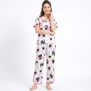 Kitty Love Front Open Ladies Pajama Set - White
