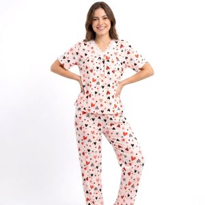 Love Heart Lace Ladies Pajama Set - Pink