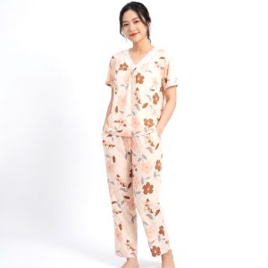 Floral Lace Ladies Pajama Set - Cream