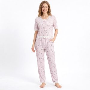 Rose Front Open Lace Ladies Pajama Set - Purple
