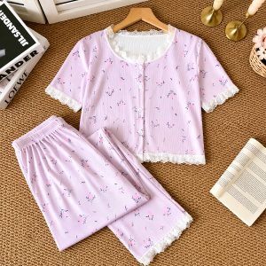 Rose Front Open Lace Ladies Pajama Set - Purple