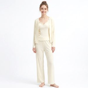 Plain Lace 3 Pcs Ladies Pajama Set - Off White