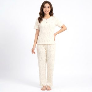 Button Floral 3 Pcs Ladies Pajama Set - White
