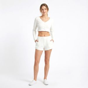 Plain Crop Top Ladies Shorts Set - White