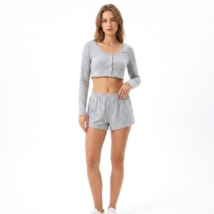Plain Crop Top Ladies Shorts Set - Grey
