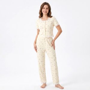 Rose Front Open Lace Ladies Pajama Set - White