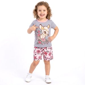 Floral Bambi Girls Shorts Set - Grey Pink