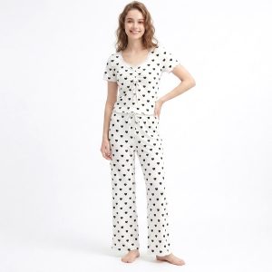 Black Heart Bow Neck Ladies Pajama Set - White