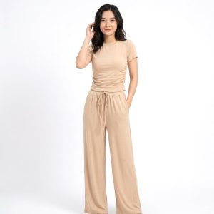 Plain 3 Pcs Ladies Pajama Set - Brown