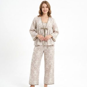 Designer Floral 3 Pcs Ladies Pajama Set - Grey
