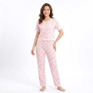 Rose Front Open Lace Ladies Pajama Set - Pink