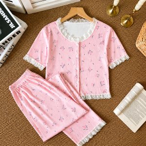 Rose Front Open Lace Ladies Pajama Set - Pink