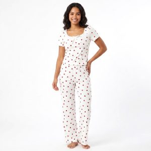 Red Heart Bow Neck Ladies Pajama Set - White