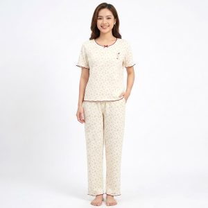 Teddy Floral 3 Pcs Ladies Pajama Set - Cream