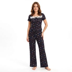 Love Heart Lace Neck Ladies Pajama Set - Black