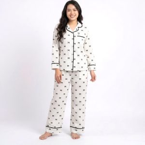 Bow Front Open Ladies Pajama Set - White