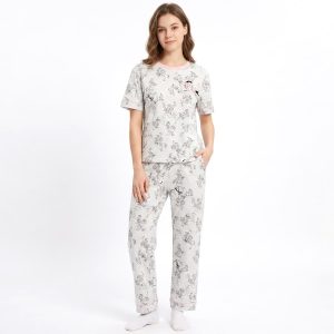 Kitty Floral 3 Pcs Ladies Pajama Set - Grey