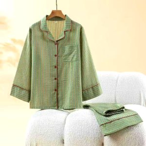 Strips Front Open Ladies Pajama Set - Green