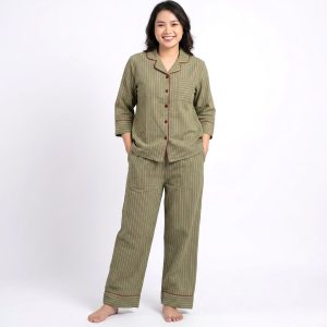 Strips Front Open Ladies Pajama Set - Green