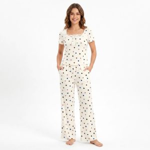 Love Heart Lace Neck Ladies Pajama Set - White