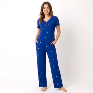Love Heart V-Neck Ladies Pajama Set - Blue