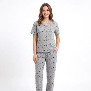 Dots Stars 3 Pcs Ladies Pajama Set - Grey
