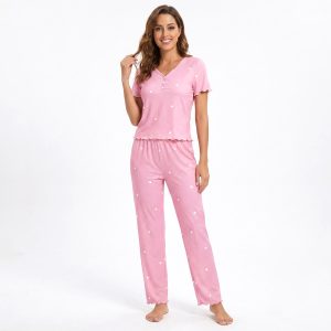 Love Heart V-Neck Ladies Pajama Set - Pink