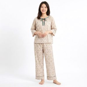 Floral Round Neck Ladies Pajama Set - White