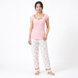 Floral Round Neck Ladies Pajama Set - Pink