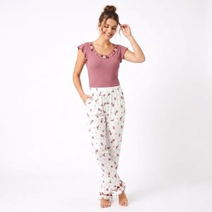 Floral Round Neck Ladies Pajama Set - Hot Pink